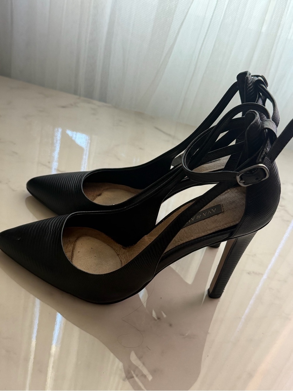 Classic Black Pointed-Toe Ankle-Strap Pumps